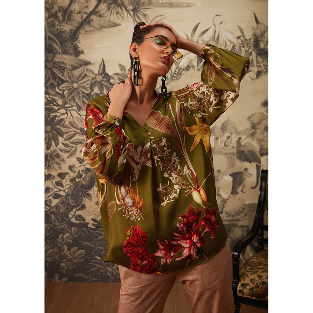 KALISTA Olive Green Dahlia Tunic with Pant (Set of 2)