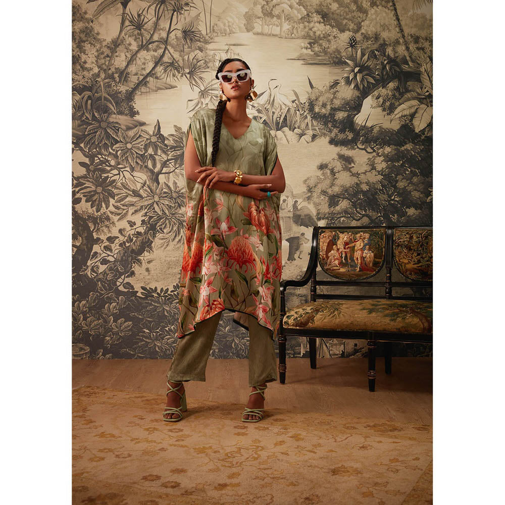 KALISTA Sage Green Daisey Kaftan with Pant (Set of 2)