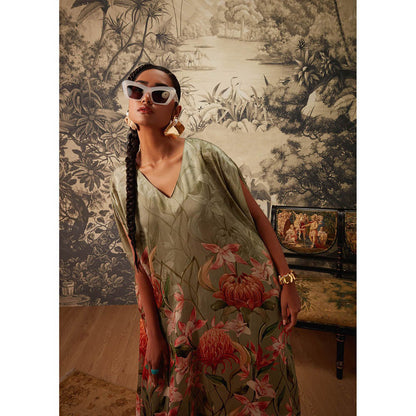 KALISTA Sage Green Daisey Kaftan with Pant (Set of 2)