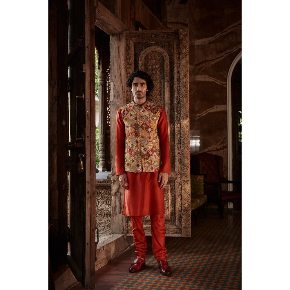 KALISTA Red Mihir Kurta with Churidar and Nehru Jacket (Set of 3)