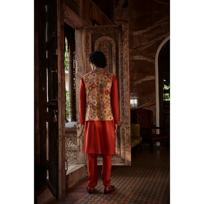 KALISTA Red Mihir Kurta with Churidar and Nehru Jacket (Set of 3)