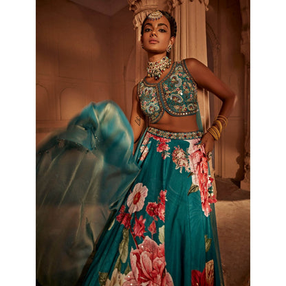 KALISTA Teal Gulshaad Lehenga with Blouse and Dupatta (Set of 3)