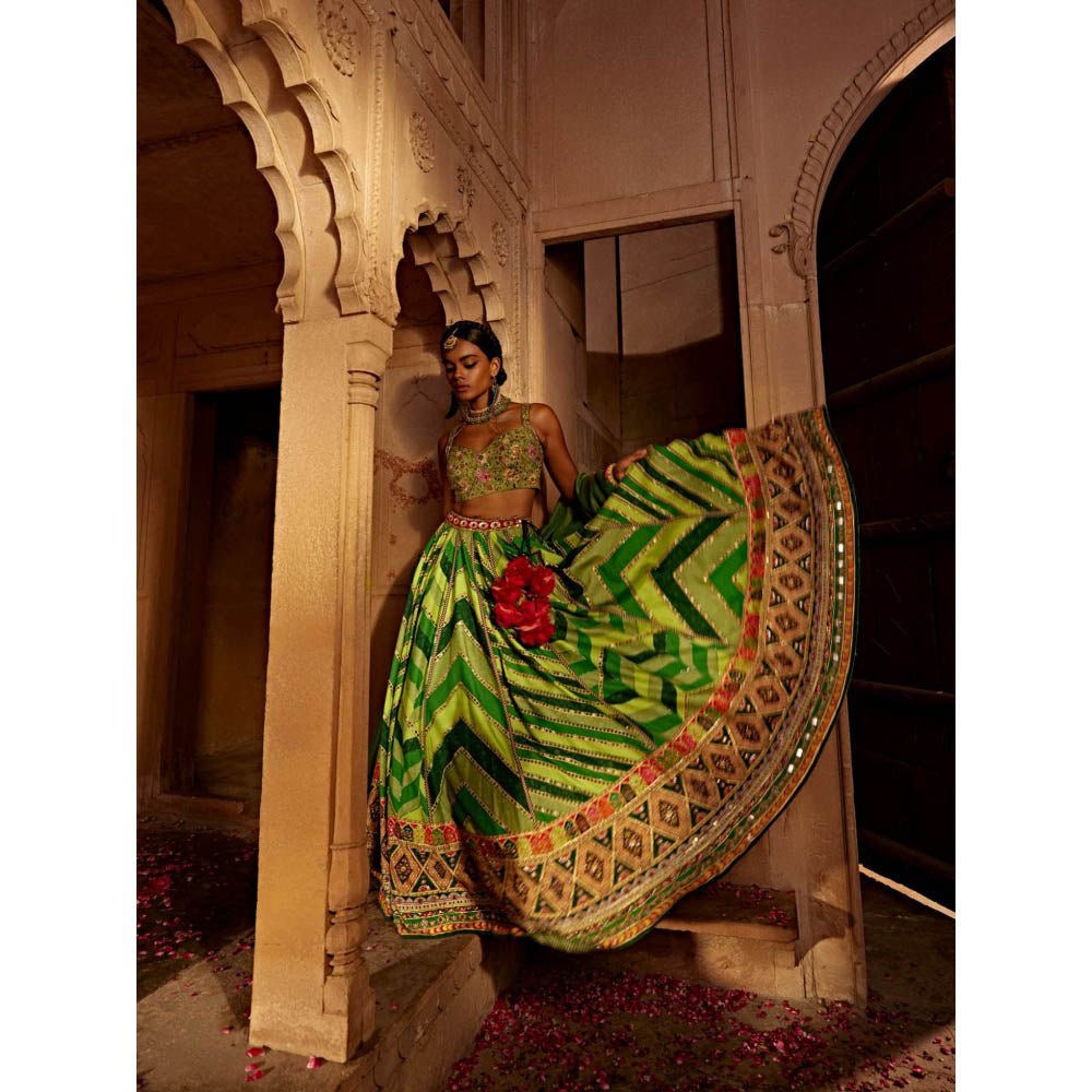 KALISTA Green Leher Lehenga with Blouse and Dupatta (Set of 3)