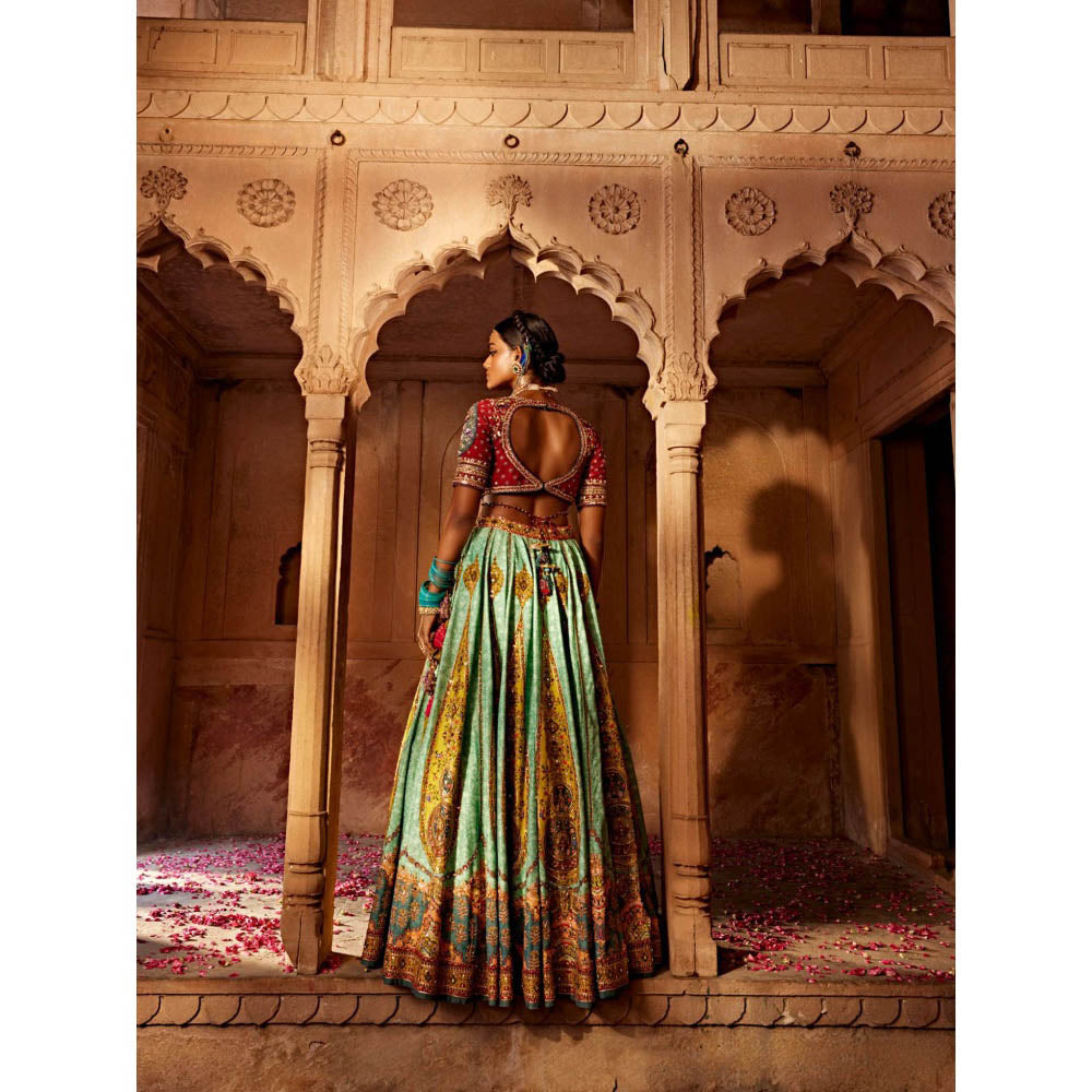 KALISTA Green Kimaya Lehenga with Blouse and Dupatta (Set of 3)