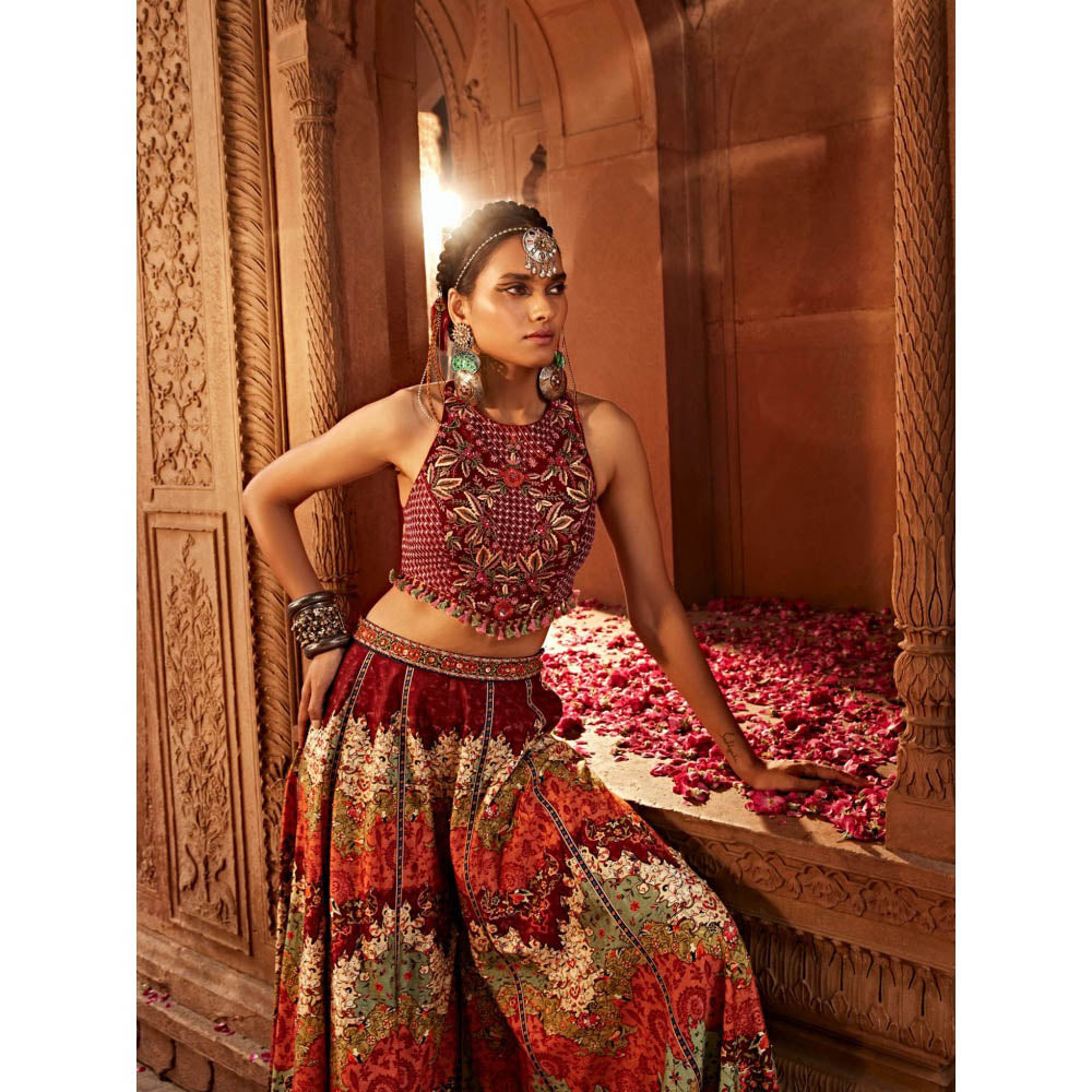 KALISTA Maroon Mehvish Sharara with Blouse (Set of 2)