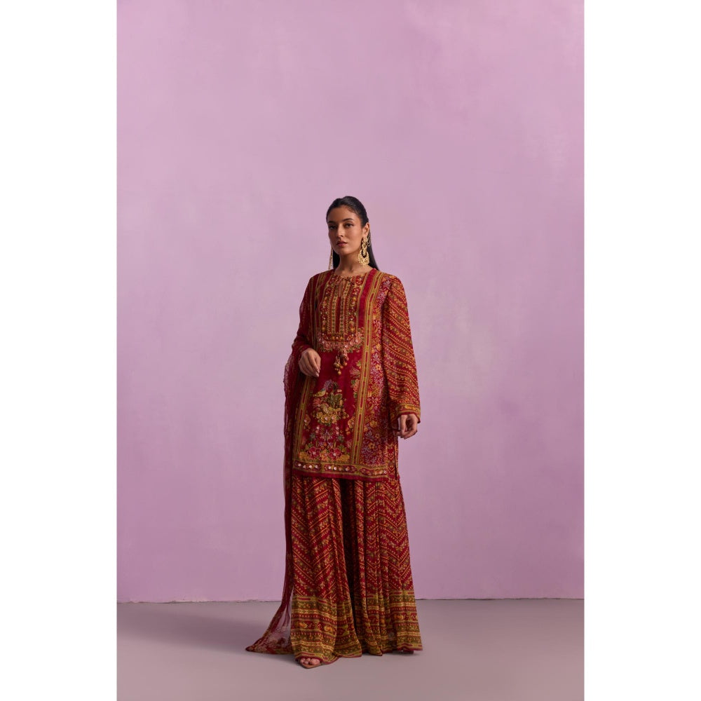 KALISTA Asma Red Floral Print Kurta with Sharara and Dupatta (Set of 3)