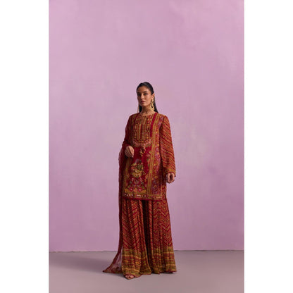 KALISTA Asma Red Floral Print Kurta with Sharara and Dupatta (Set of 3)