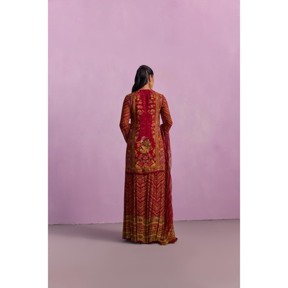 KALISTA Asma Red Floral Print Kurta with Sharara and Dupatta (Set of 3)