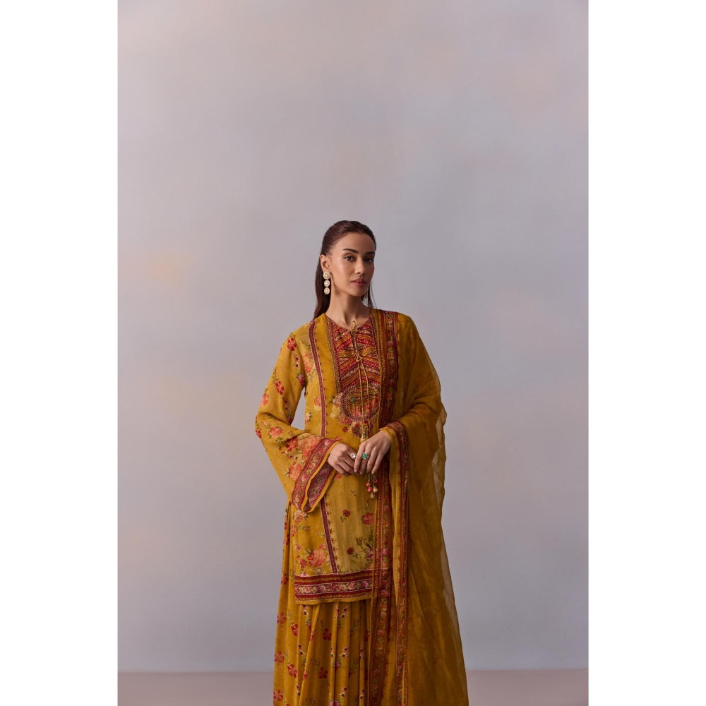 KALISTA Anaisha Cannary Mustard Floral Print Kurta with Sharara and Dupatta (Set of 3)