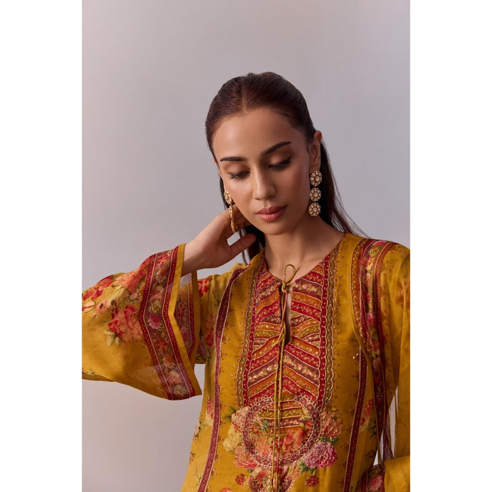 KALISTA Anaisha Cannary Mustard Floral Print Kurta with Sharara and Dupatta (Set of 3)