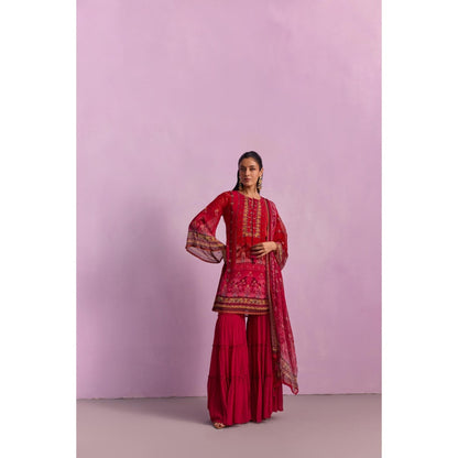 KALISTA Afreen Crimson Red Floral Tassels Kurta with Sharara and Dupatta (Set of 3)