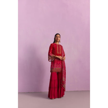 KALISTA Afreen Crimson Red Floral Tassels Kurta with Sharara and Dupatta (Set of 3)