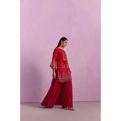 KALISTA Afreen Crimson Red Floral Tassels Kurta with Sharara and Dupatta (Set of 3)