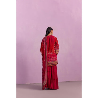 KALISTA Afreen Crimson Red Floral Tassels Kurta with Sharara and Dupatta (Set of 3)