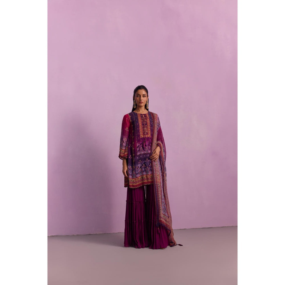 KALISTA Afreen Purple Floral Tassels Kurta with Sharara and Dupatta (Set of 3)