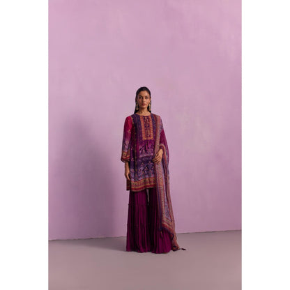KALISTA Afreen Purple Floral Tassels Kurta with Sharara and Dupatta (Set of 3)