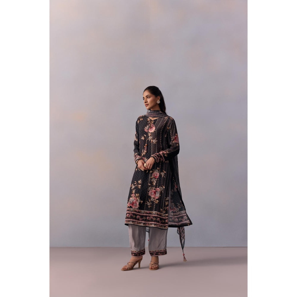 KALISTA Sarah Black Floral Tassels Kurta with Pant and Dupatta (Set of 3)