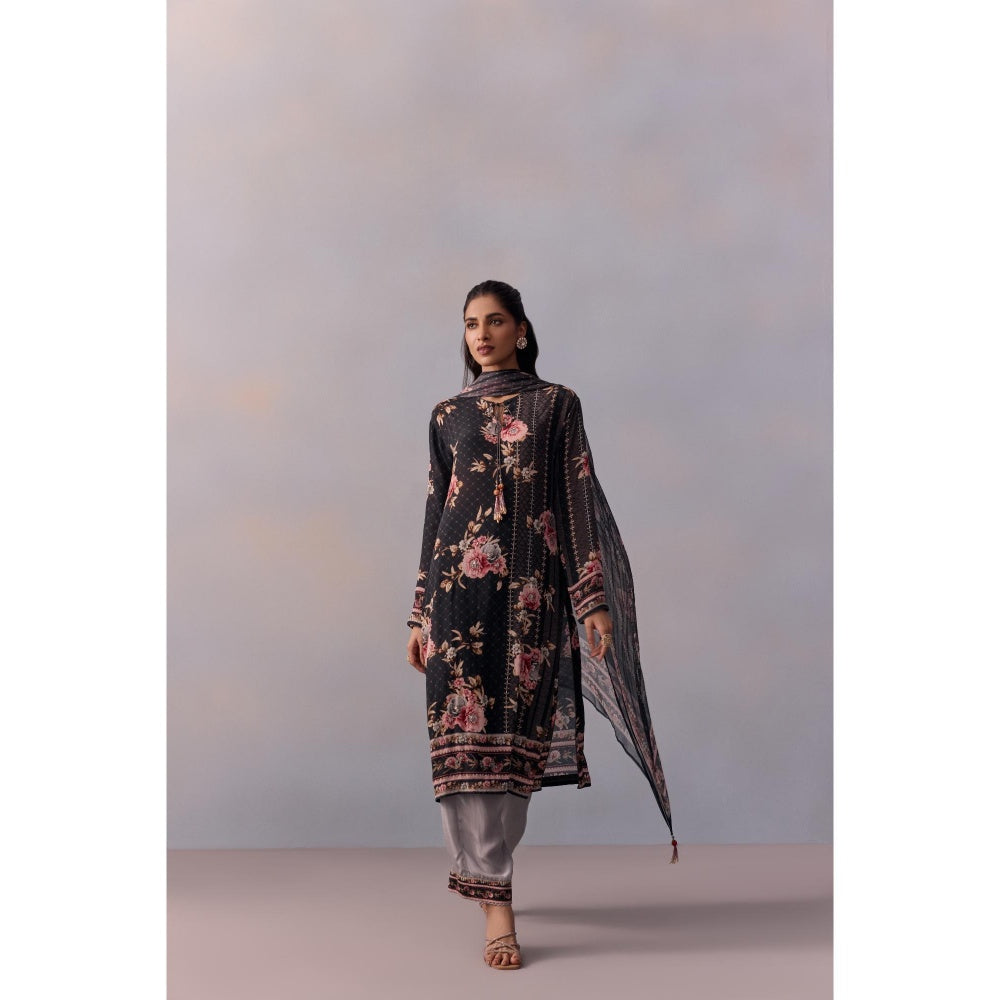 KALISTA Sarah Black Floral Tassels Kurta with Pant and Dupatta (Set of 3)