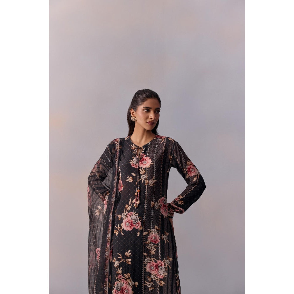 KALISTA Sarah Black Floral Tassels Kurta with Pant and Dupatta (Set of 3)