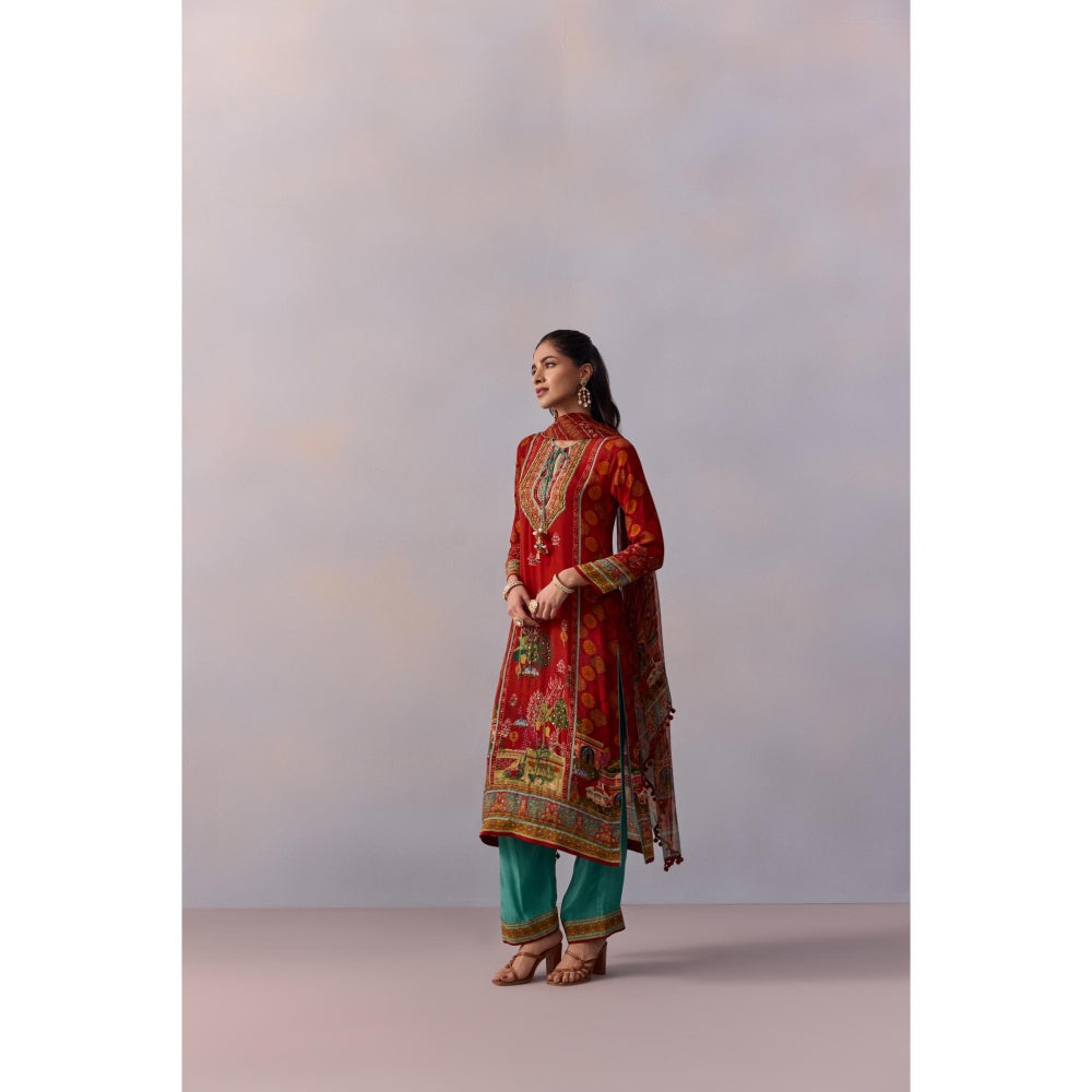 KALISTA Siah Red Printed Tassels Kurta with Pant and Dupatta (Set of 3)