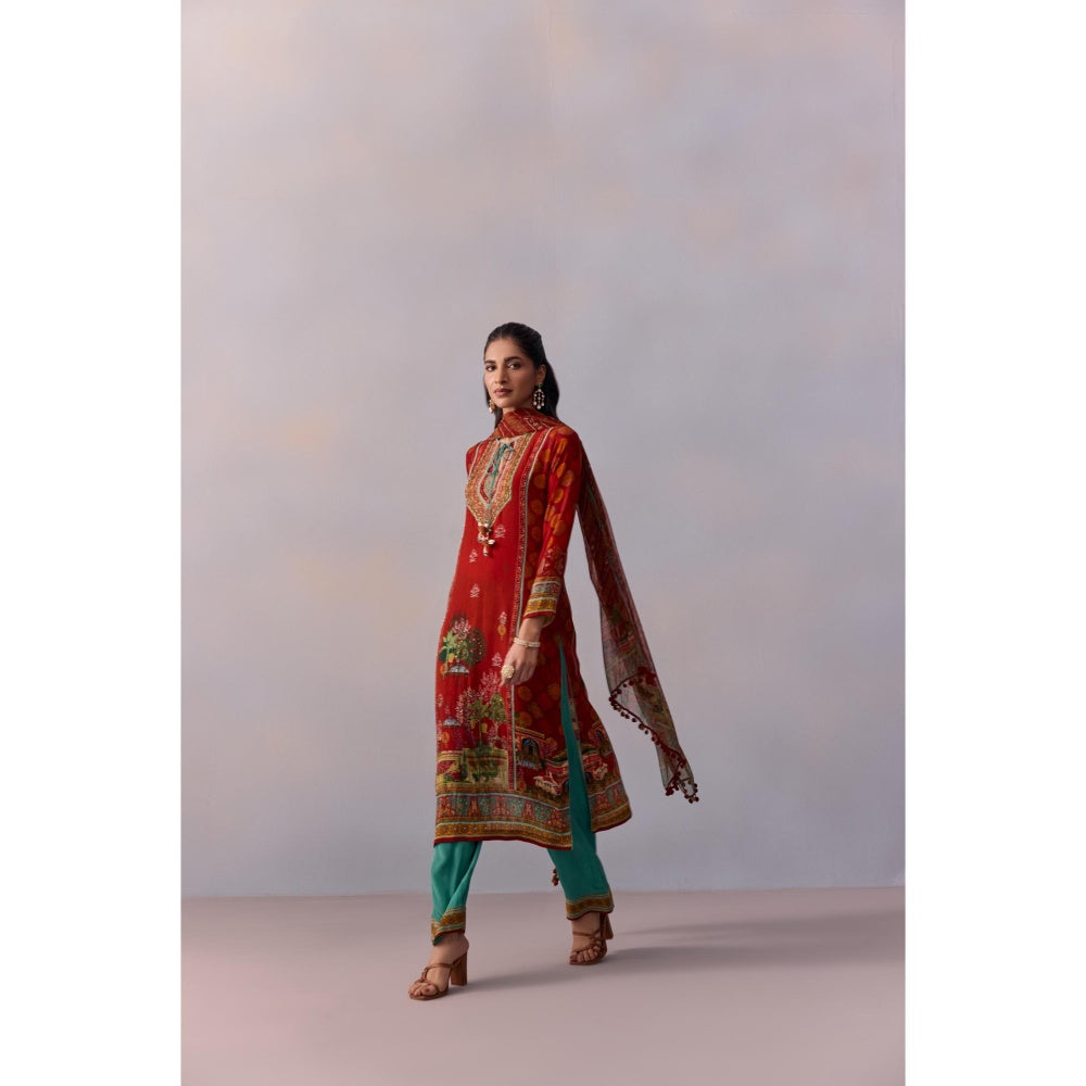 KALISTA Siah Red Printed Tassels Kurta with Pant and Dupatta (Set of 3)