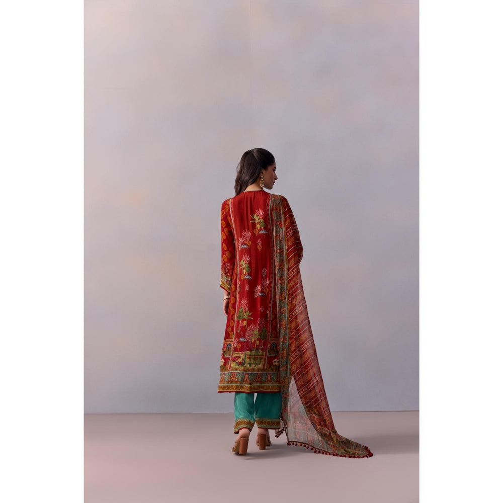 KALISTA Siah Red Printed Tassels Kurta with Pant and Dupatta (Set of 3)