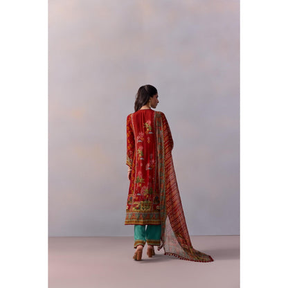 KALISTA Siah Red Printed Tassels Kurta with Pant and Dupatta (Set of 3)