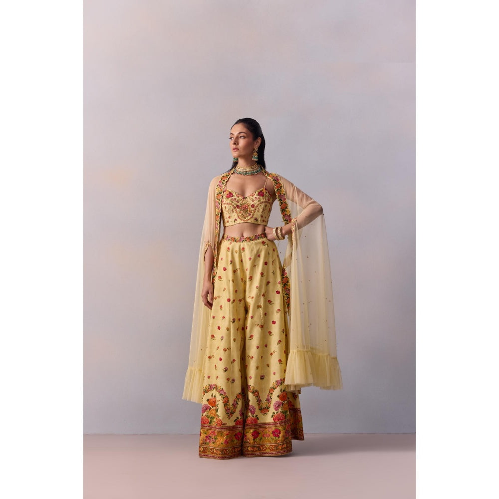KALISTA Women's Meher Yellow Floral Blouse with Palazzo and Jacket (Set of 3)