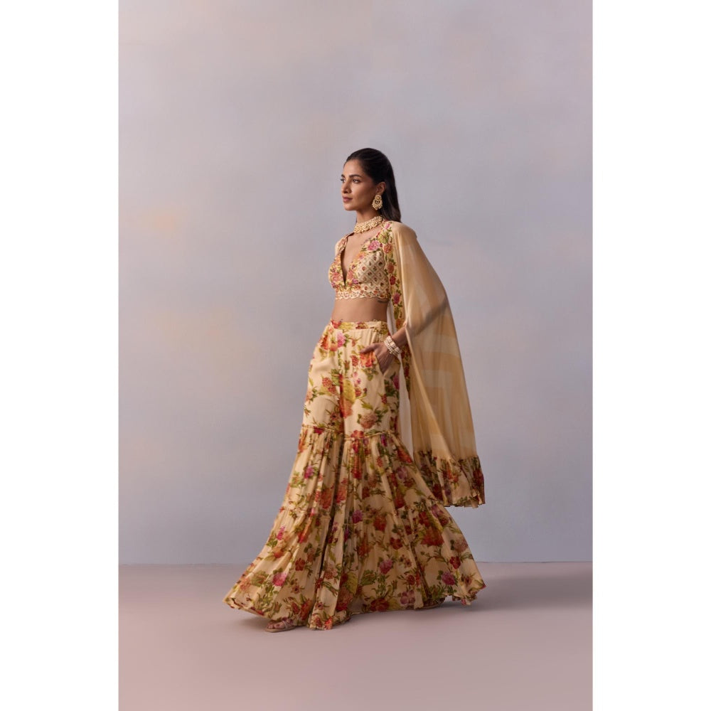 KALISTA Naira Ivory Floral Embellished Blouse with Sharara and Cape (Set of 3)