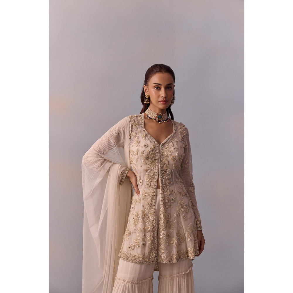 KALISTA Mariam Off-White Embellished Bustier with Sharara and Dupatta & Cape (Set of 4)