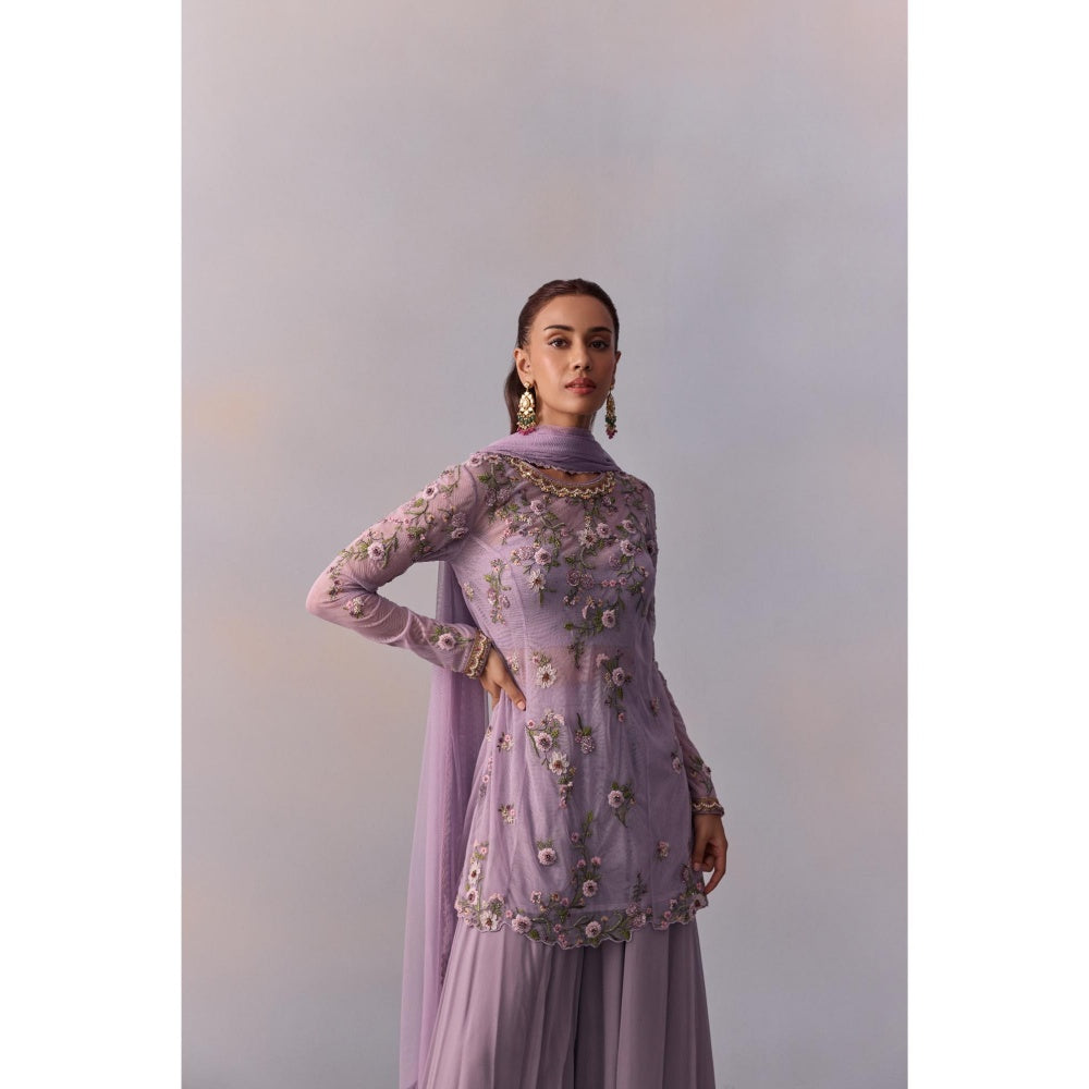 KALISTA Fidah Lavender Embellished Bustier with Sharara and Dupatta & Jacket (Set of 4)