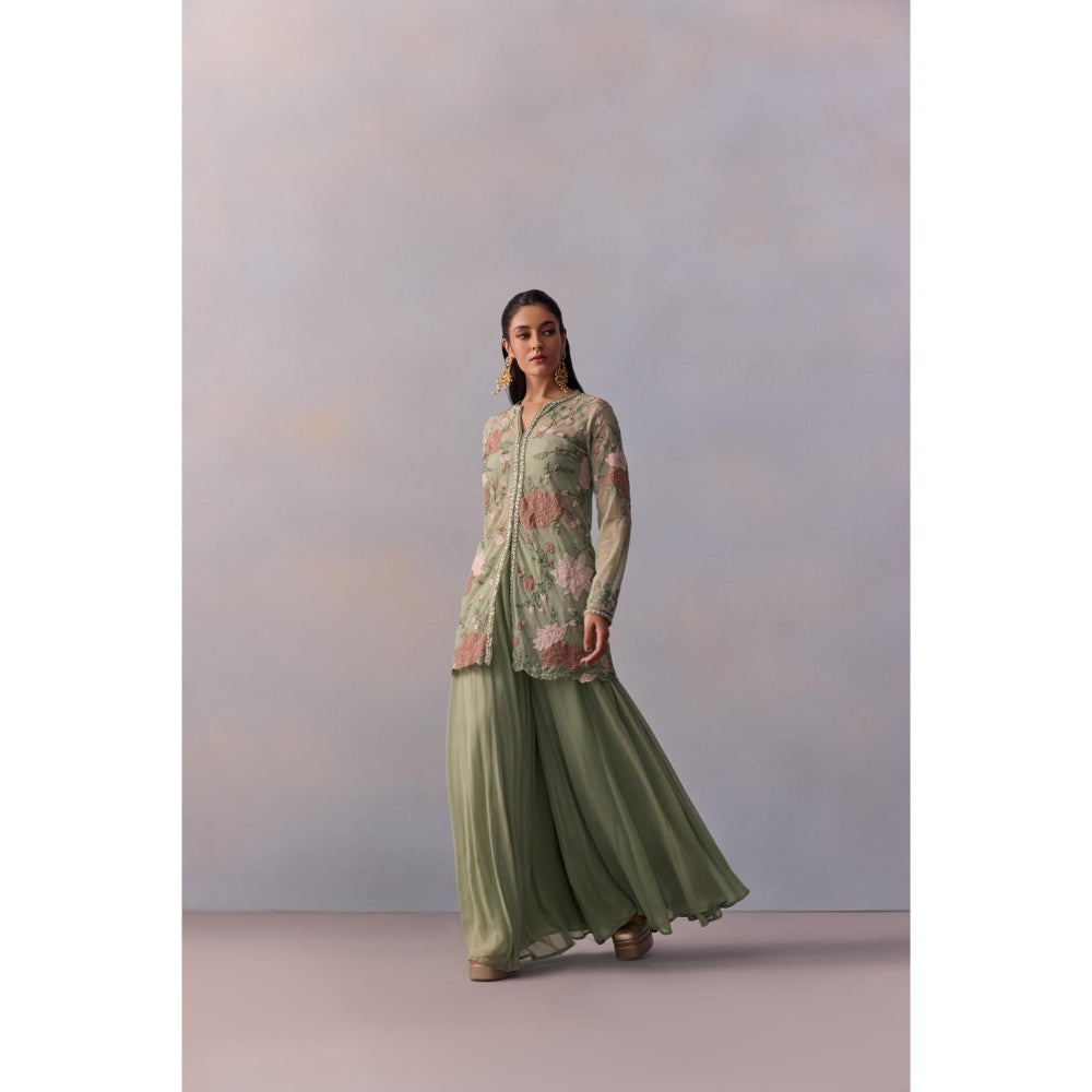KALISTA Fidah Sea Green Embellished Bustier with Sharara and Jacket (Set of 3)