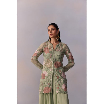 KALISTA Fidah Sea Green Embellished Bustier with Sharara and Jacket (Set of 3)