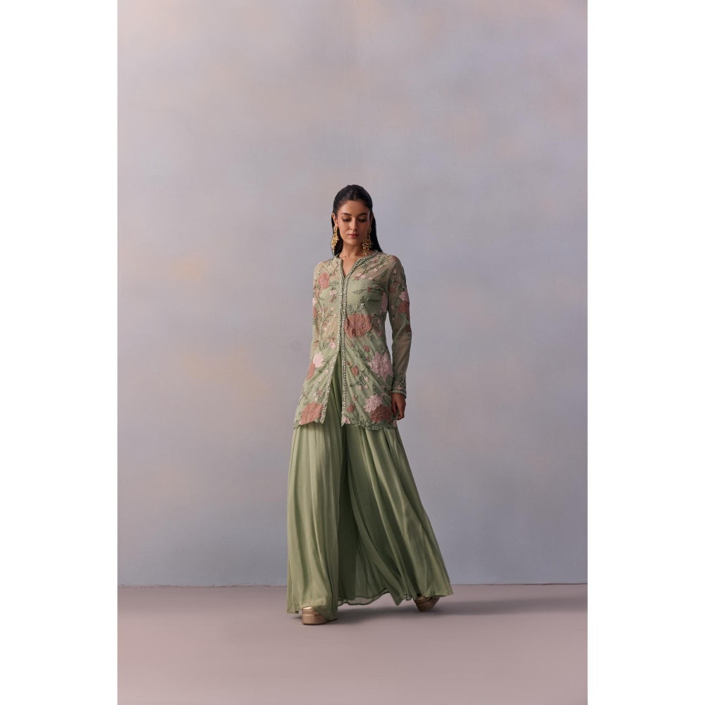 KALISTA Fidah Sea Green Embellished Bustier with Sharara and Jacket (Set of 3)