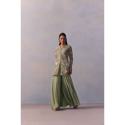 KALISTA Fidah Sea Green Embellished Bustier with Sharara and Jacket (Set of 3)