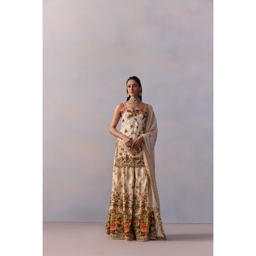 KALISTA Rabia Ivory Floral Embellished Kurta with Sharara and Dupatta (Set of 3)