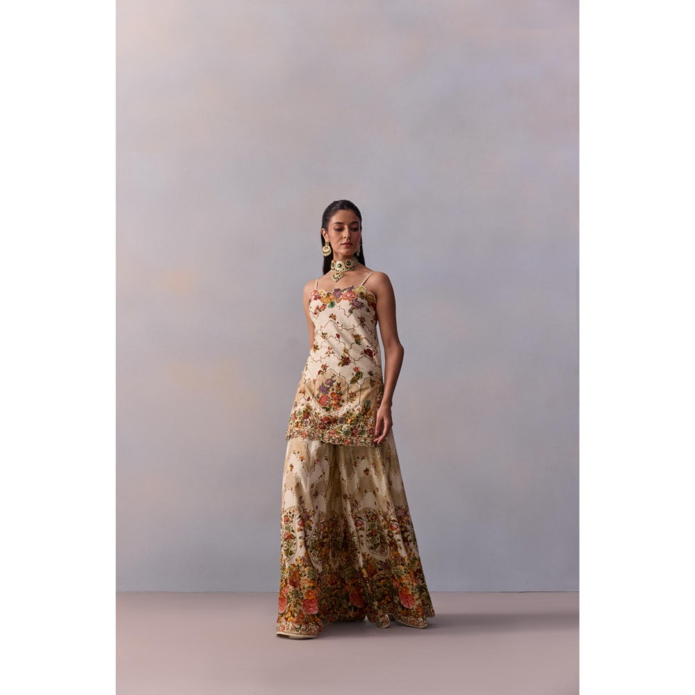 KALISTA Rabia Ivory Floral Embellished Kurta with Sharara and Dupatta (Set of 3)