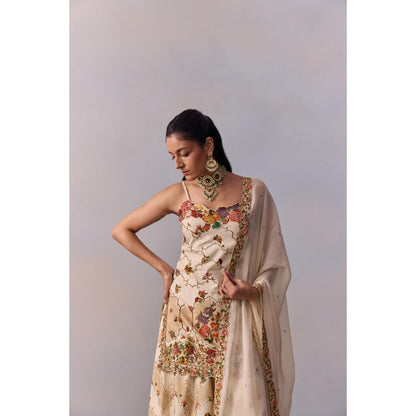 KALISTA Rabia Ivory Floral Embellished Kurta with Sharara and Dupatta (Set of 3)