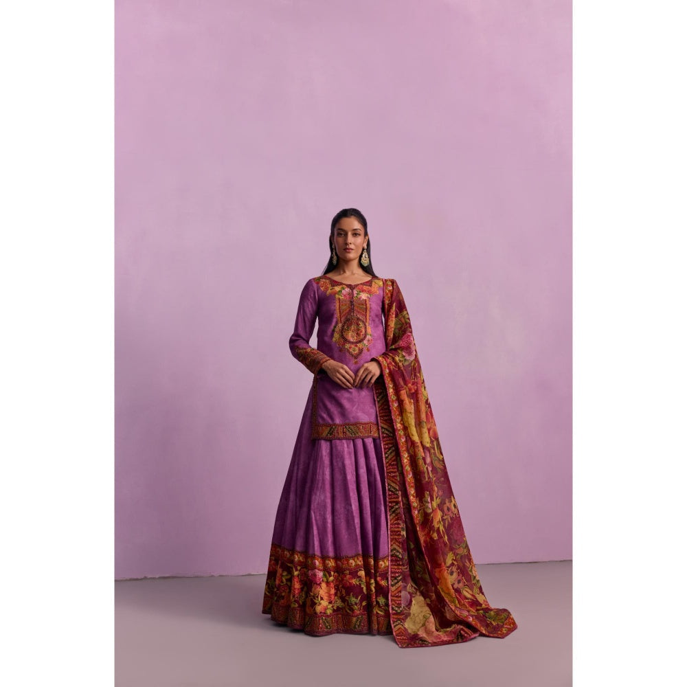 KALISTA Sehnaaz Purple Floral Short Kurta with Lehengas and Dupatta (Set of 3)
