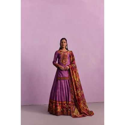 KALISTA Sehnaaz Purple Floral Short Kurta with Lehengas and Dupatta (Set of 3)