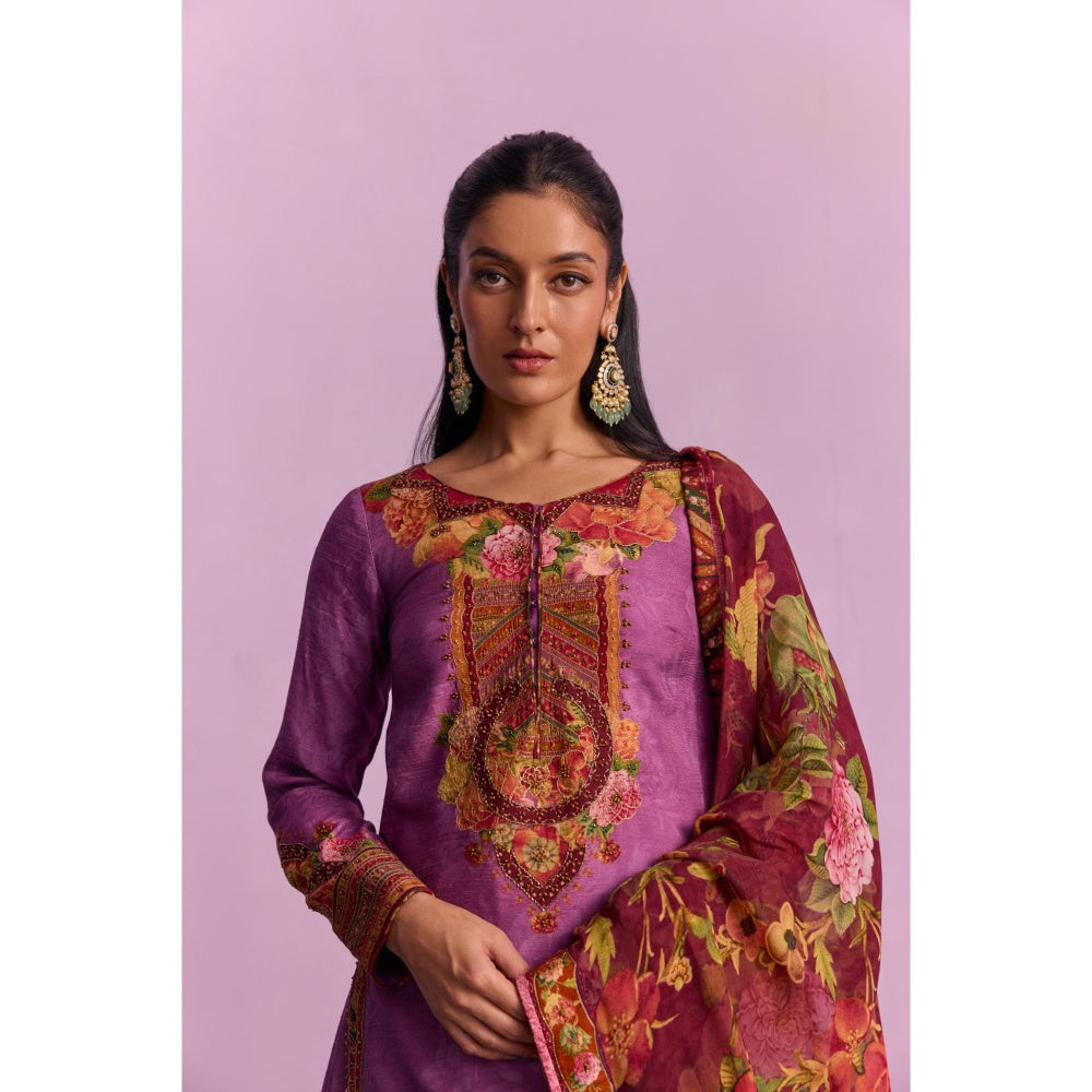 KALISTA Sehnaaz Purple Floral Short Kurta with Lehengas and Dupatta (Set of 3)