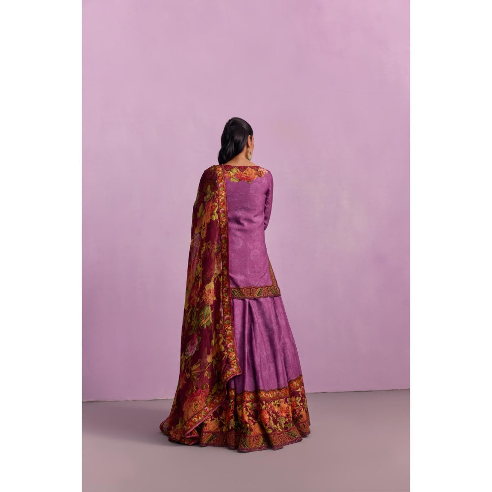 KALISTA Sehnaaz Purple Floral Short Kurta with Lehengas and Dupatta (Set of 3)