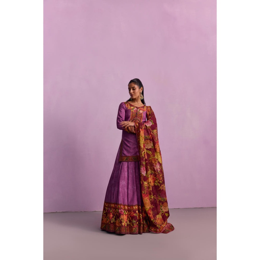 KALISTA Sehnaaz Purple Floral Short Kurta with Lehengas and Dupatta (Set of 3)