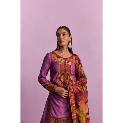 KALISTA Sehnaaz Purple Floral Short Kurta with Lehengas and Dupatta (Set of 3)