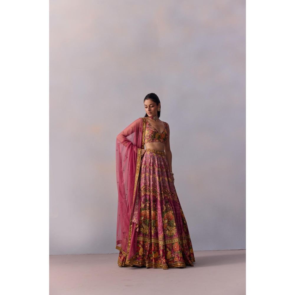 KALISTA Zareen Candy Pink Embellished Floral Blouse with Lehenga and Dupatta (Set of 3)