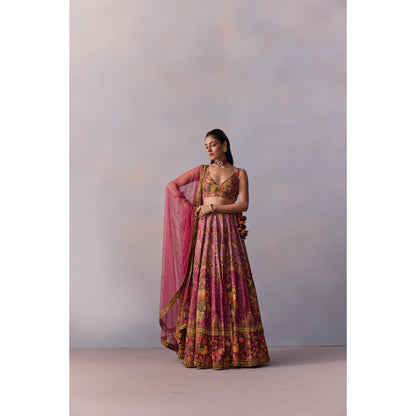 KALISTA Zareen Candy Pink Embellished Floral Blouse with Lehenga and Dupatta (Set of 3)