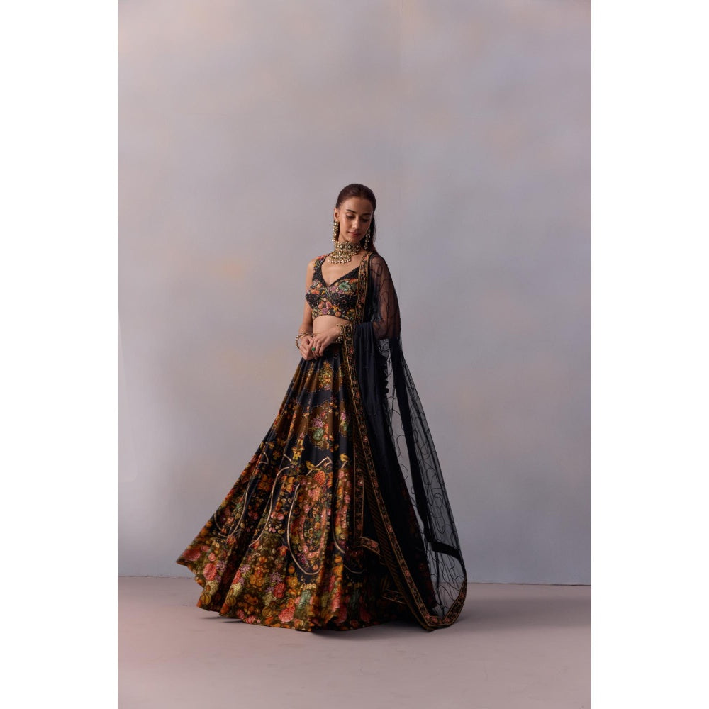 KALISTA Naaz Black Embellished Floral Blouse with Lehenga and Dupatta (Set of 3)