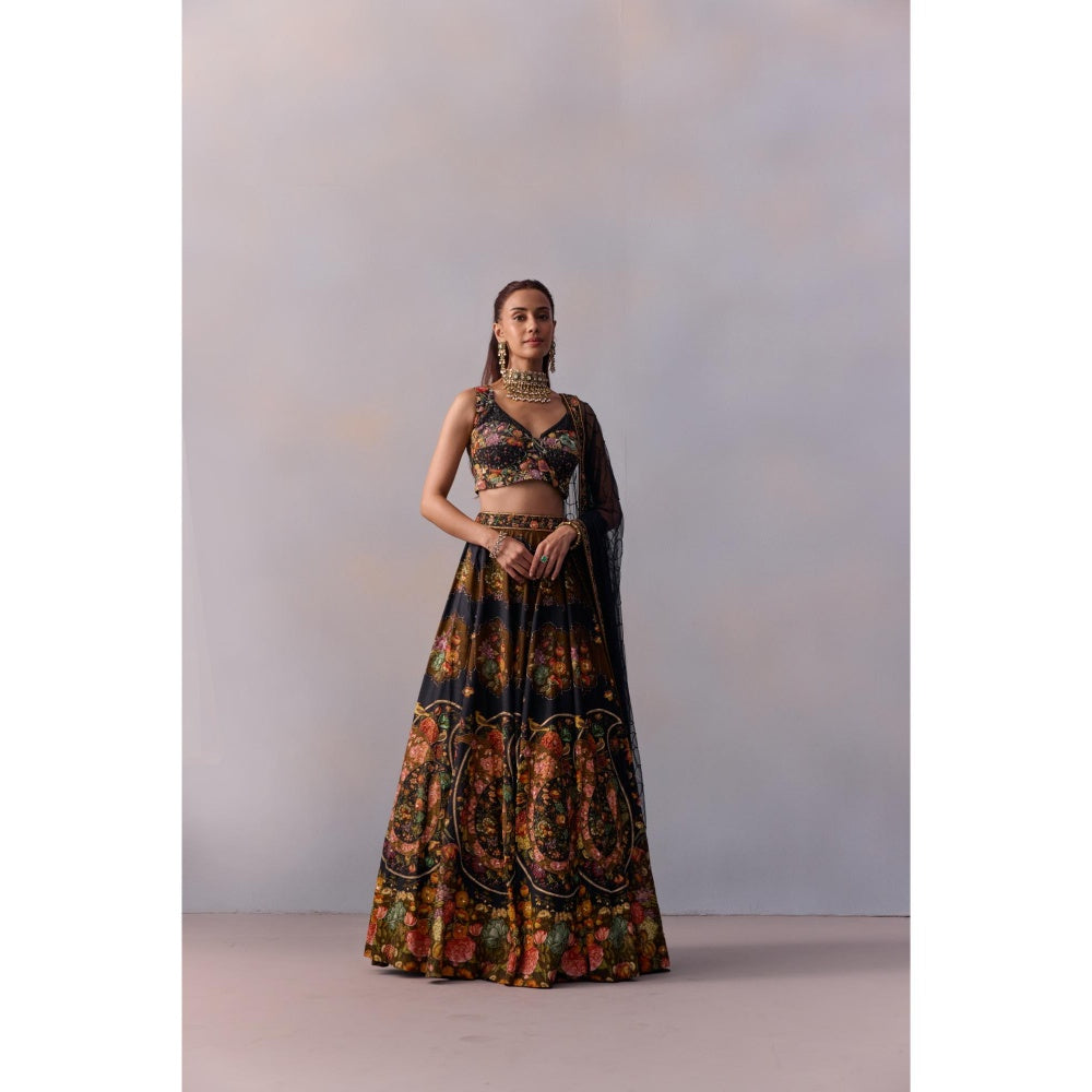 KALISTA Naaz Black Embellished Floral Blouse with Lehenga and Dupatta (Set of 3)