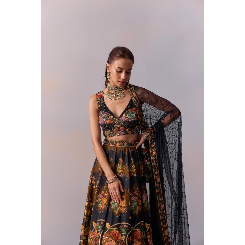 KALISTA Naaz Black Embellished Floral Blouse with Lehenga and Dupatta (Set of 3)
