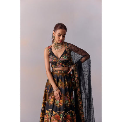 KALISTA Naaz Black Embellished Floral Blouse with Lehenga and Dupatta (Set of 3)